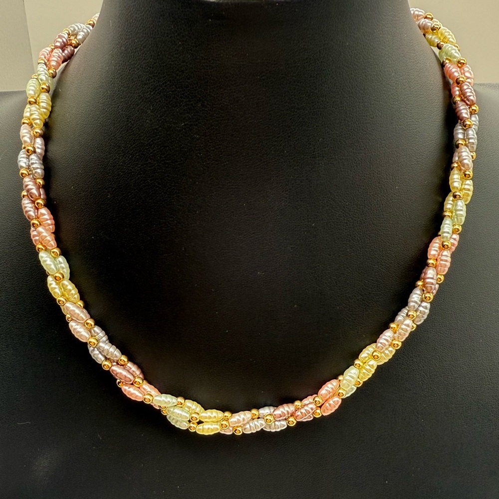 Light Multicolor Pastel Pink‎ Blue Faux Pearl Necklace Vintage 80s Jewelry Gift
